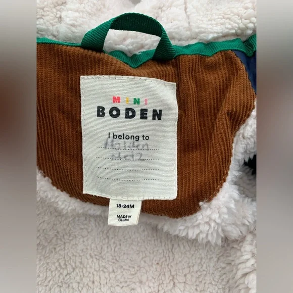 Mini Boden Size 18-24 Months Brown Corduroy Sherpa Lined Dog Hooded Puffer Coat - Picture 7 of 10